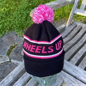 Wheels Up Never Worn Hot Pink Black And White Knit Beanie With Fat Pom Pom Hat